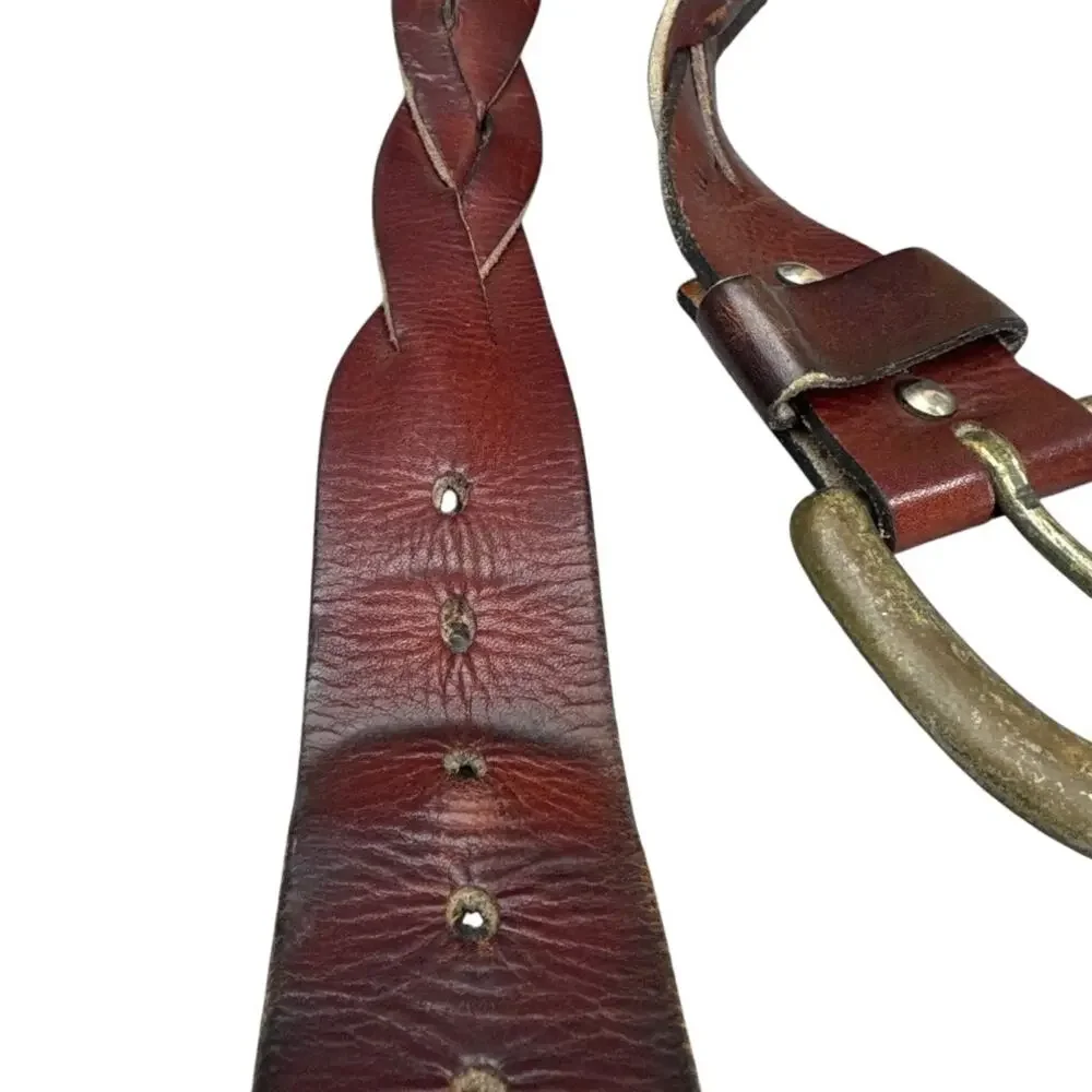 Vintage Distressed Patina Braided Leather Belt Hammered Brass Buckle Women 34